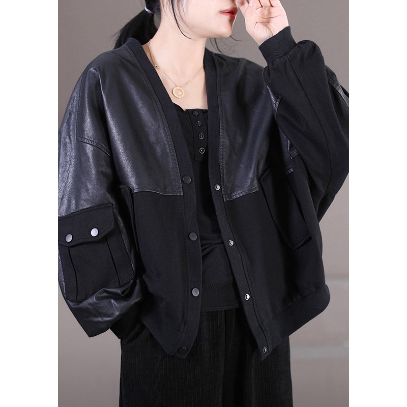 Italian Black V Neck Button Pockets Faux Leather Patchwork Knit Coat Long Sleeve