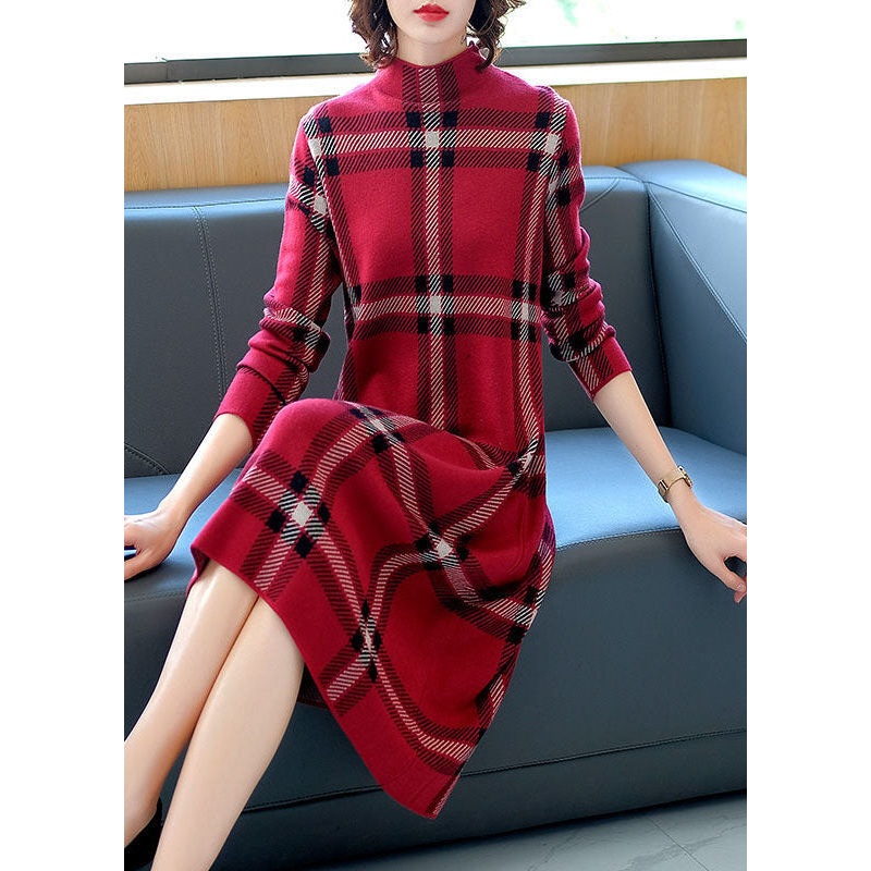 Italian Red High Neck Plaid Cashmere Knit Sweater Dress Long Sleeve