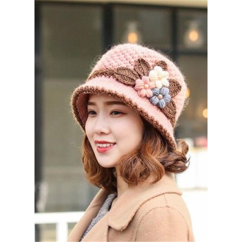 Knitted Women Autumn And Winter Classic Flower Plush Bucket Hat