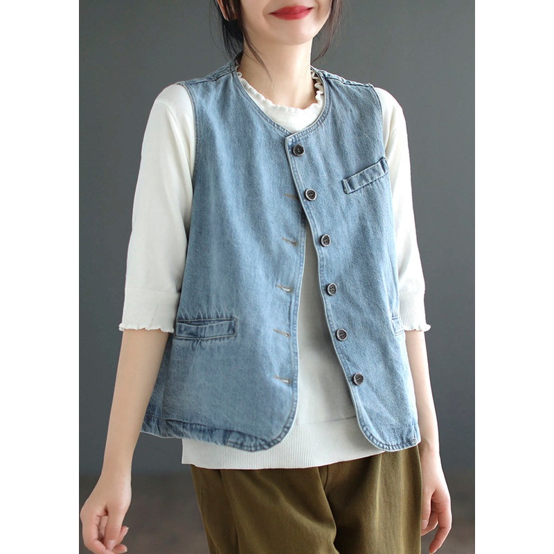 Light Blue O-Neck Button Denim Waistcoat Fall