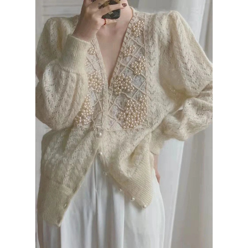 Loose Beige V Neck Pearl button thick Knit coat Long Sleeve