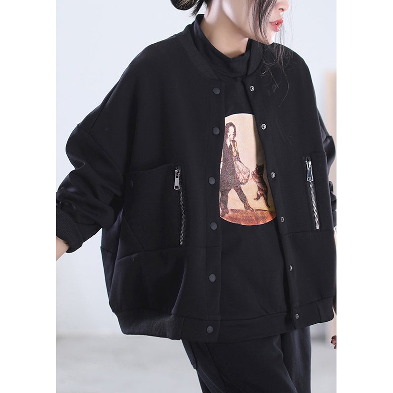 Loose Black O-Neck Zippered Button Pockets Cotton Coats Long Sleeve