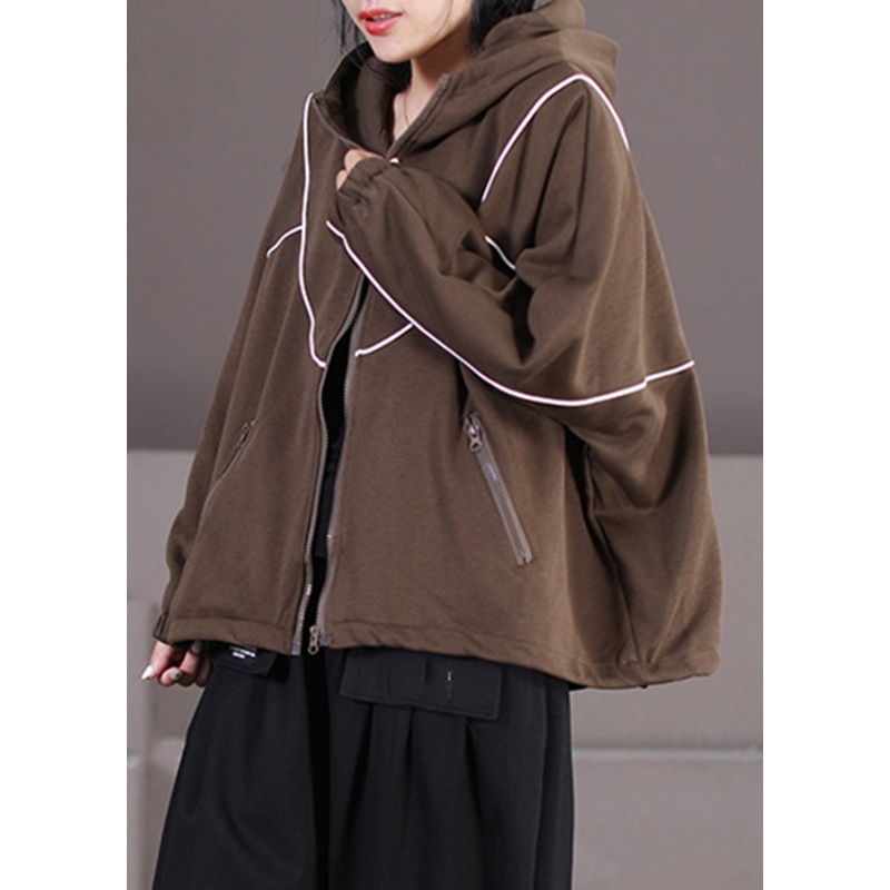 Loose Black Zippered Patchwork Pockets Cotton Hooded Coat Long Sleeve