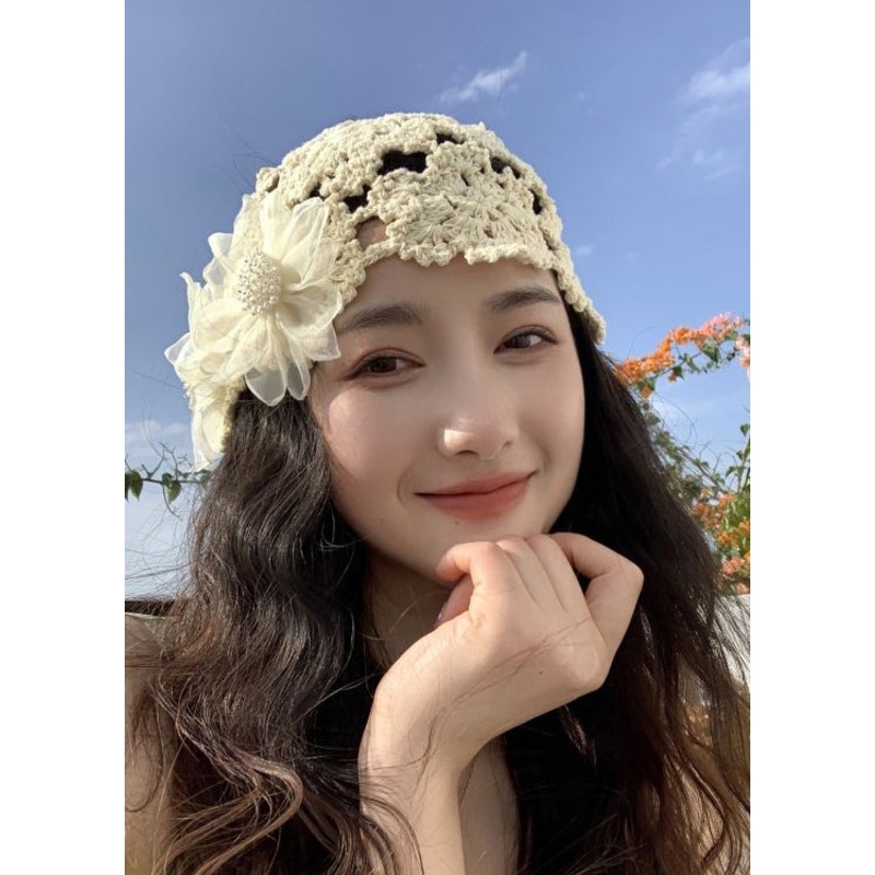 Modern Beige Hollow Out Appliqued Knit Bonnie Hat