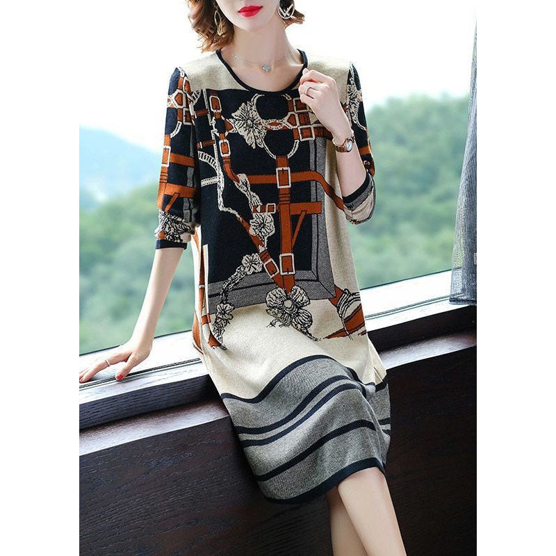 Modern Beige O-Neck Print Knit Sweater Dress Long Sleeve