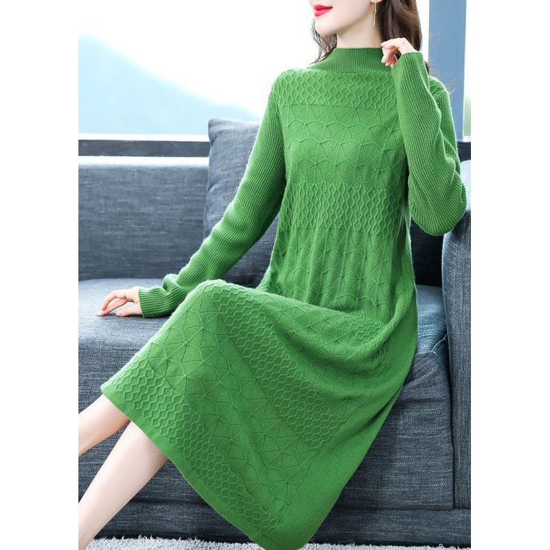 Modern Green Stand Collar Jacquard Solid Color Knitted Long Dress Long Sleeve