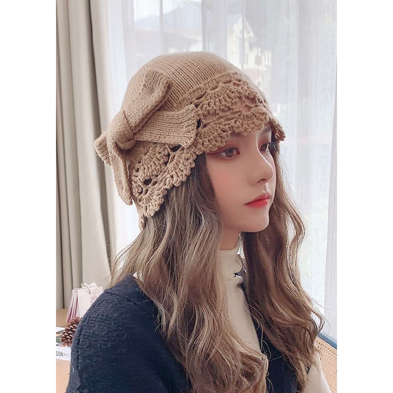 Modern Khaki Hollow Out Patchwork Bow Knit Bonnie Hat