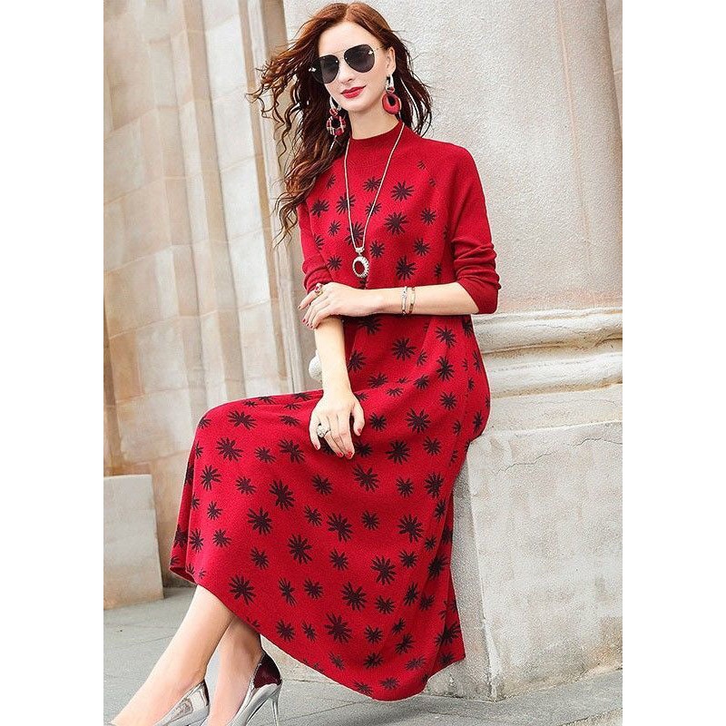 Modern Red High Neck Print Exra Large Hem Fine Knitted Long Dress Long Sleeve