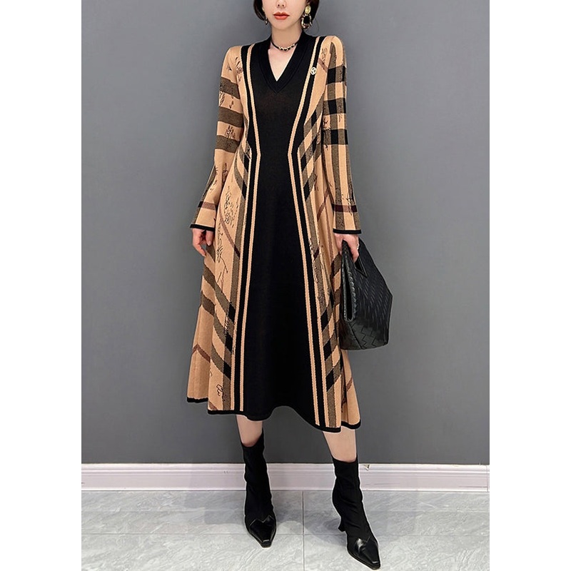 Organic Yellow Patchwork Black V Neck Striped Knit Dresses Fall