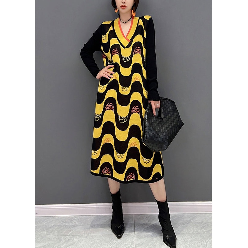 Plus Size Yellow V Neck Striped Patchwork Knit Dress Fall