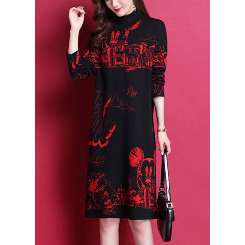 Red Print Thick Knit Long Sweater Dress High Neck Long Sleeve