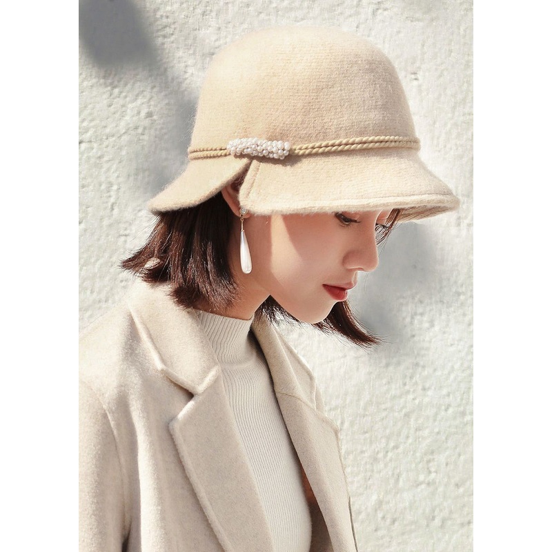 Retro Beige Nail Bead Side Open Woolen Bucket Hat