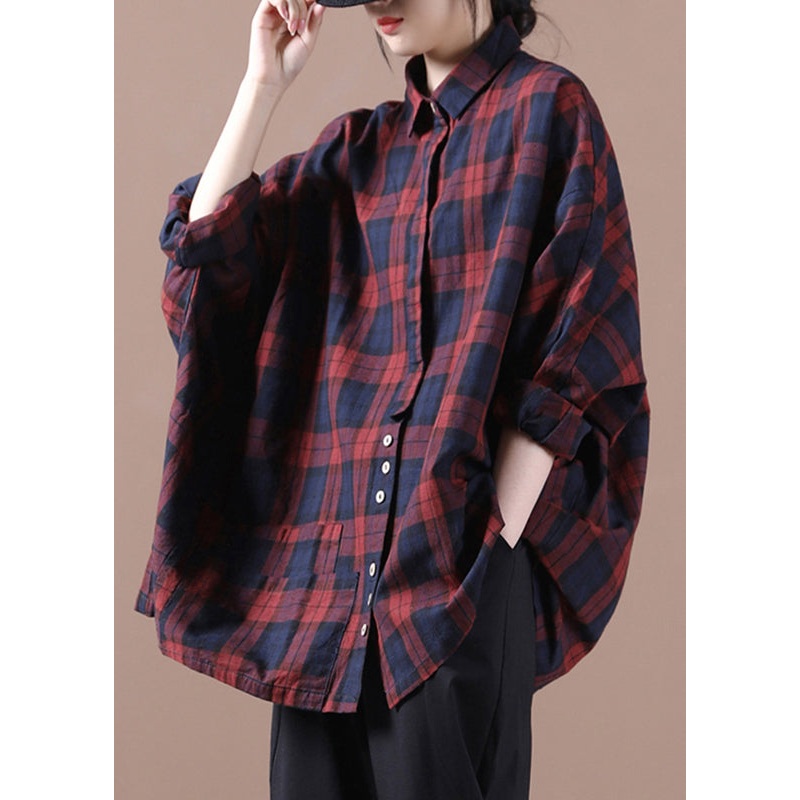 Retro Red Plaid Peter Pan Collar Button Cotton Shirt Long Sleeve