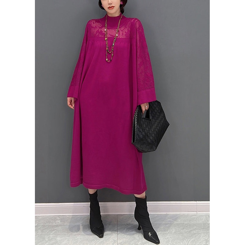 Sexy Purple Turtleneck Patchwork Knit Maxi Dress Fall