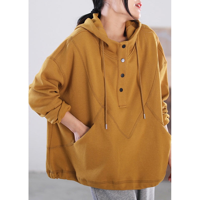 Simple Beige Patchwork Drawstring Button Pockets Hooded Sweatshirts Long Sleeve