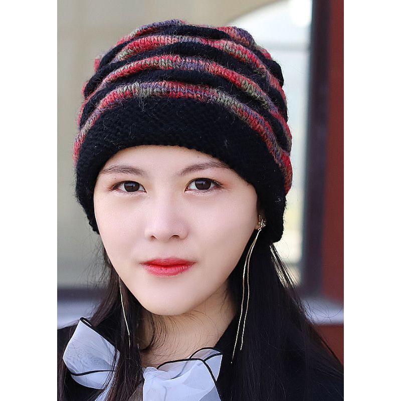 Simple Black Striped Warm Knit Bonnie Hat