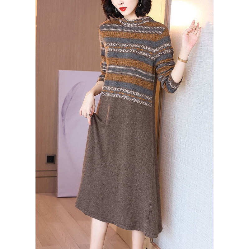 Simple Khaki O-Neck Print Cashmere Knitted Dress Long Sleeve