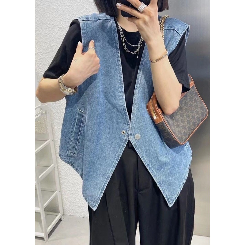 Simple Light Blue V Neck Patchwork Button Waistcoat Fall