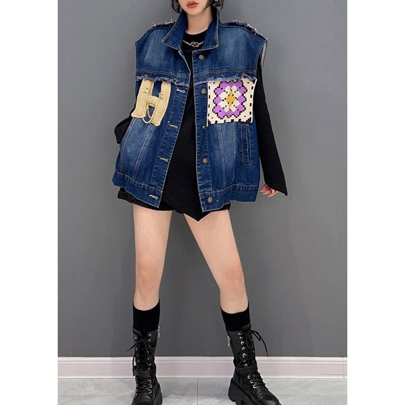 Simple Navy Peter Pan Collar Print Patchwork Button Denim Waistcoat Fall