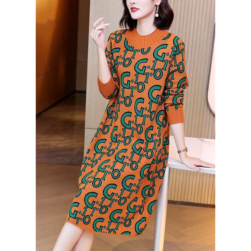 Simple Orange O-Neck Letter Print Knit Sweater Dress Long Sleeve