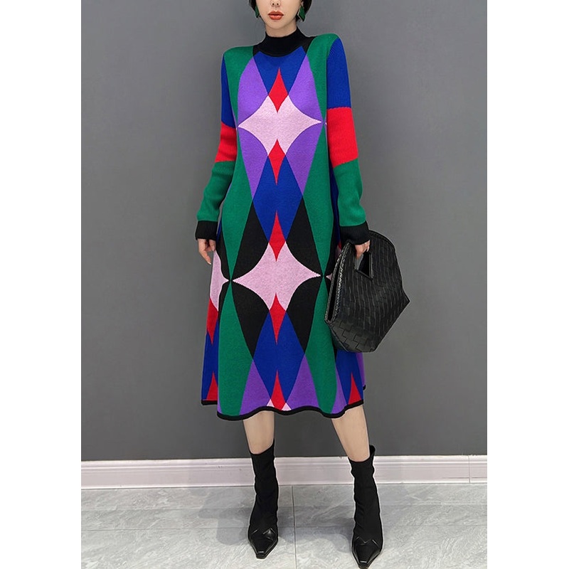 Slim Fit Stand Collar Print Knit Dress Fall