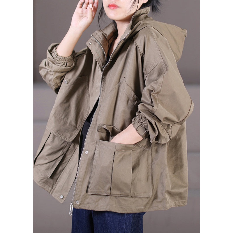 Style Chocolate Stand Collar Zippered Patchwork Button Pockets Hooded Coats Long Sleeve