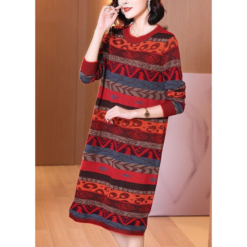 Style Red O-Neck Striped Thick Long Knit Dress Long Sleeve