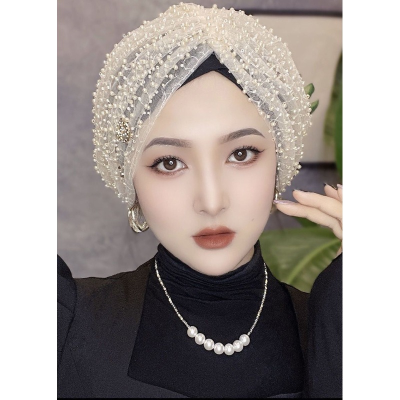 Stylish Beige NailBead Tulle Bonnie Hat