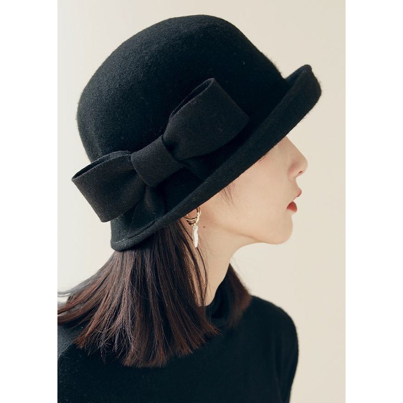 Stylish Black Bow Edge Curl Woolen Cloche Hat