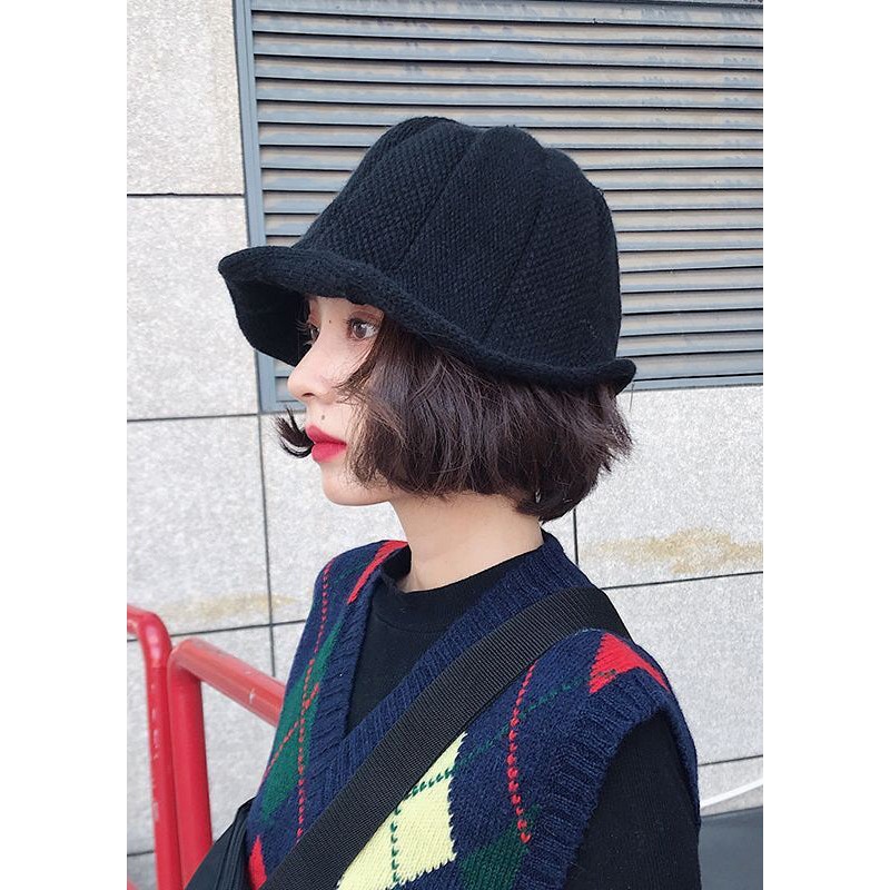 Stylish Black Ruffles The Brim Of A Hat Knit Bucket Hat