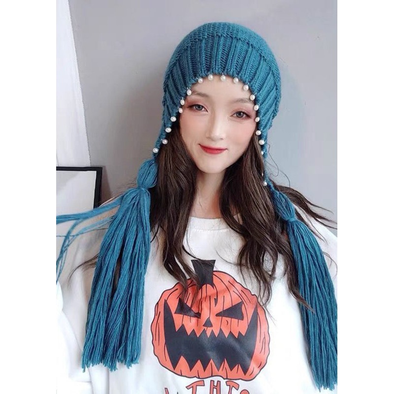 Stylish Blue Pearl Tassel Thick Knit Hat Winter