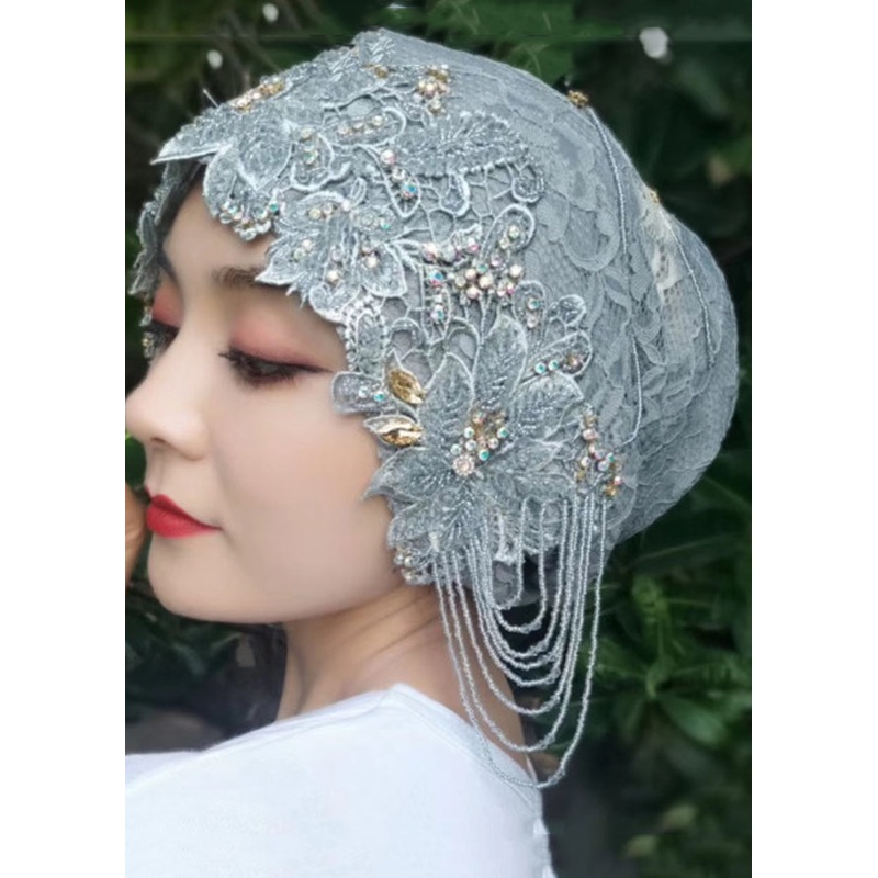 Stylish Blue Tassel Zircon Patchwork Lace Bonnie Hat