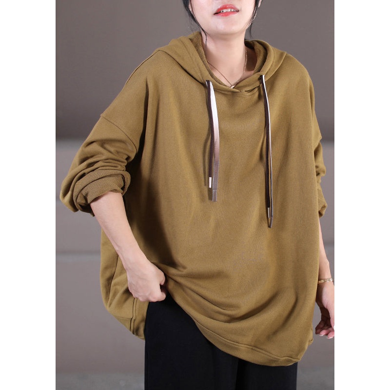 Stylish Khaki Patchwork Drawstring Hooded Sweatshirt Long Sleeve