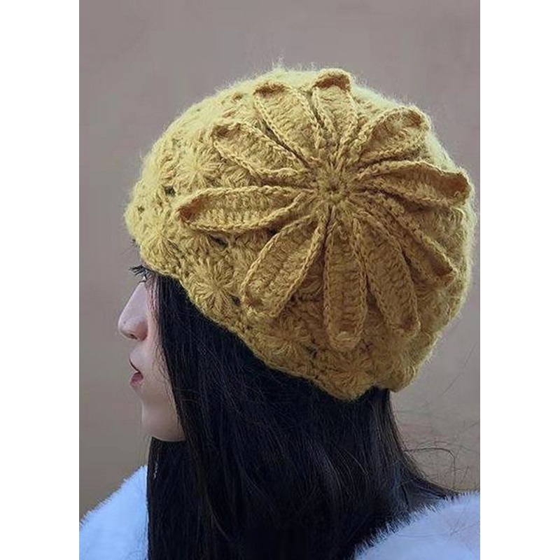 Stylish Yellow Appliqued Thick Knit Beret Hat