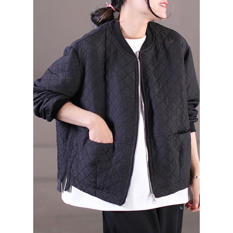 Unique Black O-Neck Zippered Pockets Plaid Cotton Coat Long Sleeve