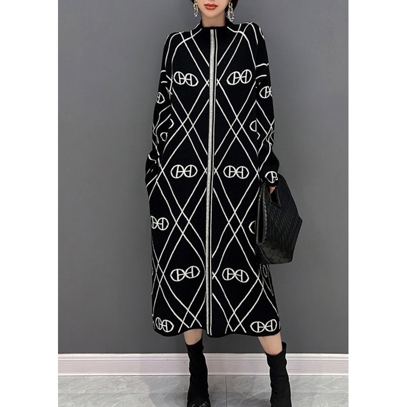 Unique Black Stand Collar White Striped Patchwork Knit Long Dress Fall