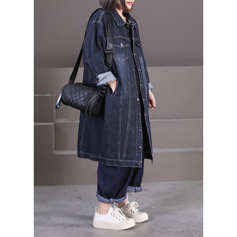 Unique Dark Blue Peter Pan Collar Pockets Patchwork Button Denim Long Trench Coat Fall