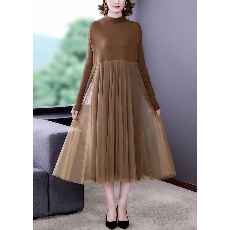 Unique Khaki Stand Collar Tulle Patchwork Knit Long Dress Long Sleeve
