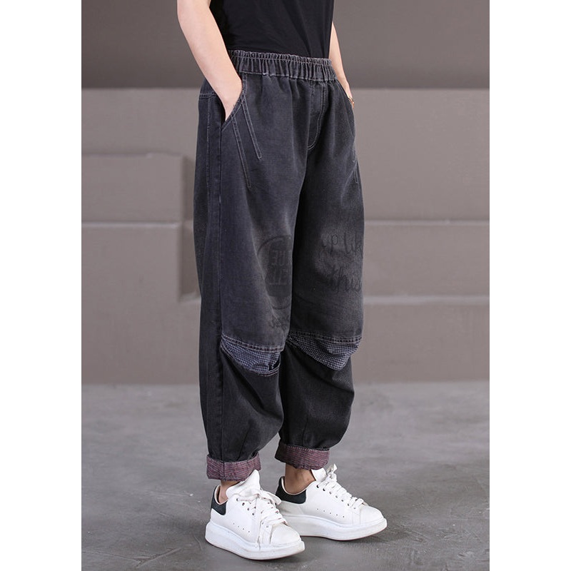 Vintage Black Pockets Print Elastic Waist Denim Pants Fall