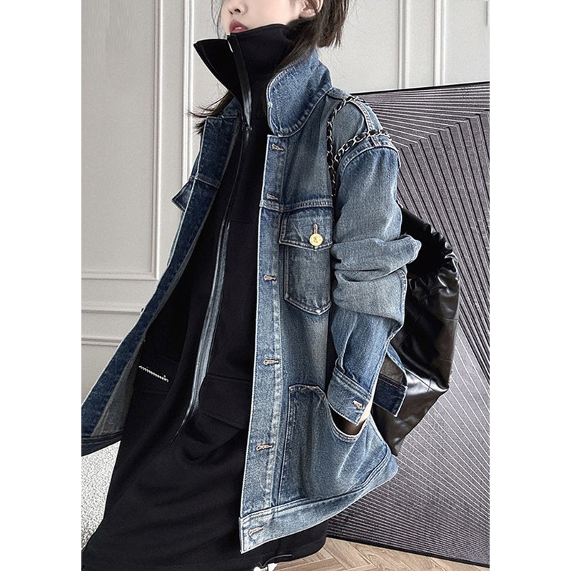 Vintage Blue Patchwork Button Denim Coat Long Sleeve