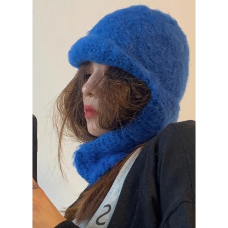 Vintage Blue Thick Knit One-piece Scarf Hat