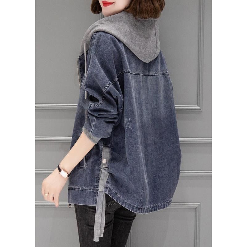 Vintage Grey Blue Patchwork Drawstring Hooded Denim Coat Fall