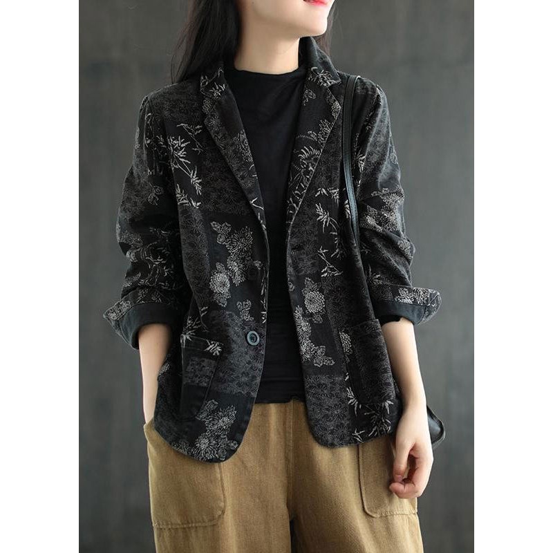 Vogue Black Notched Print Denim Coats Fall