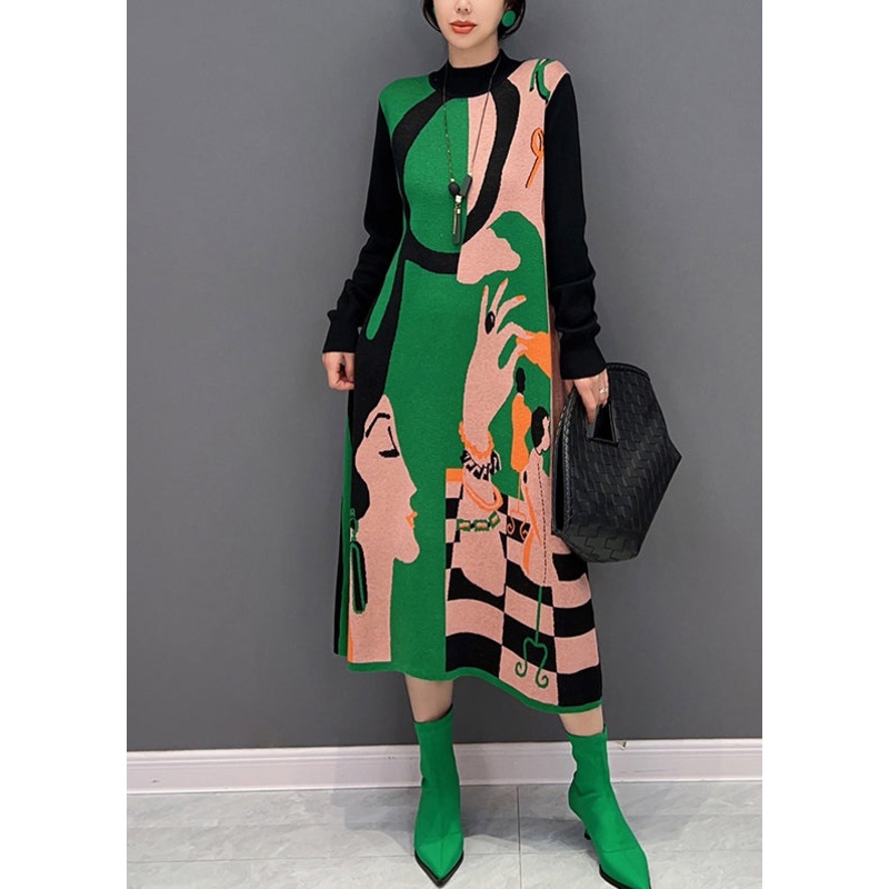 Vogue Green O-Neck Print Knit Maxi Dress Fall