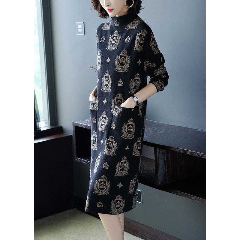 Women Black High Neck Print Pockets Knit Sweater Dress Long Sleeve