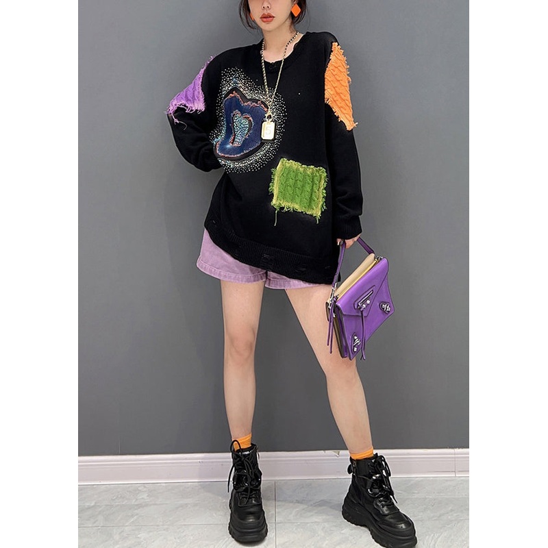 Women Black O-Neck Print Patchwork Knit Sweaters Fall