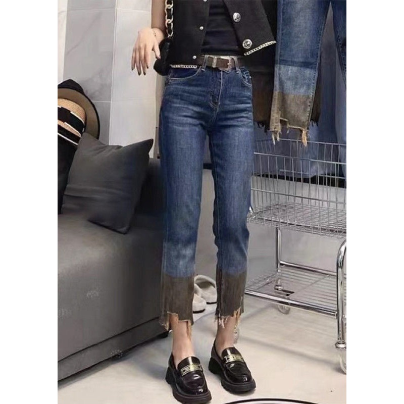Women Blue Patchwork High Waist Crop Straight Pants