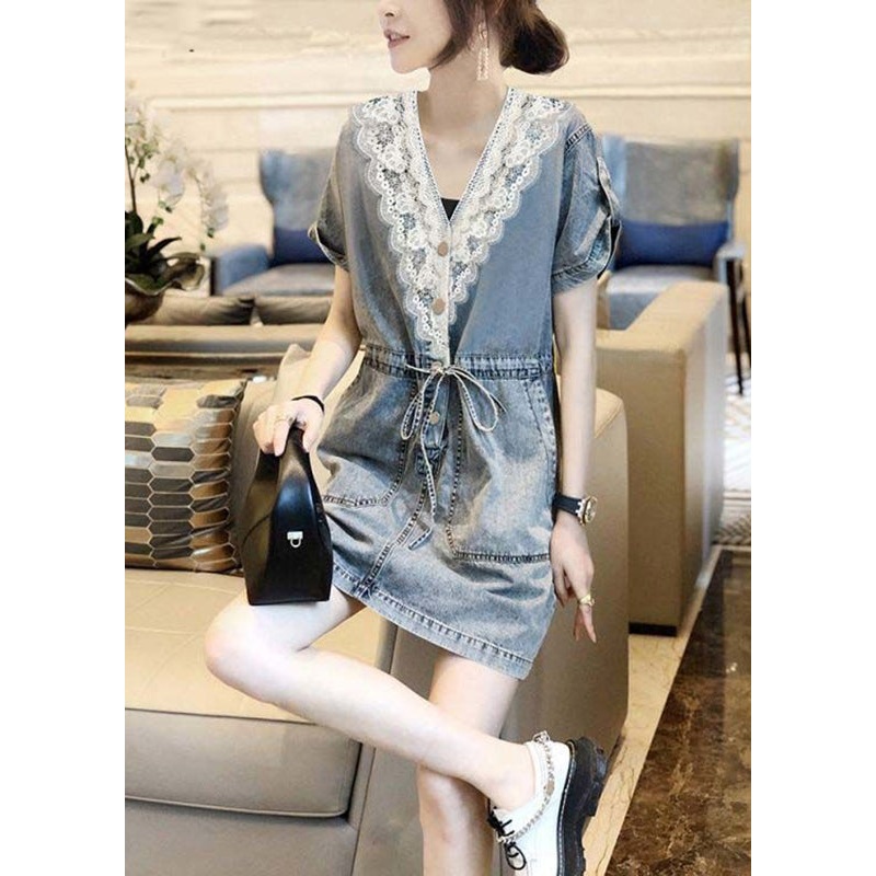 Women Blue V Neck Lace Patchwork Tie Waist Holiday Mid Dress Short Sleeve