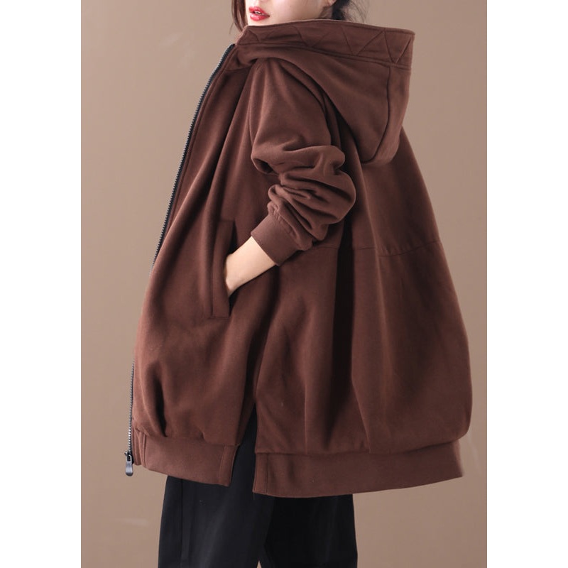 Women Chocolate Zippered Low High Design Hooded Coats Long Sleeve