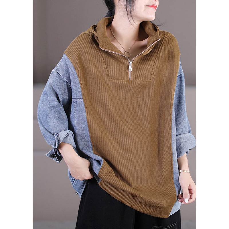 Women Khaki Zippered Patchwork Denim Hooded Top Long Sleeve